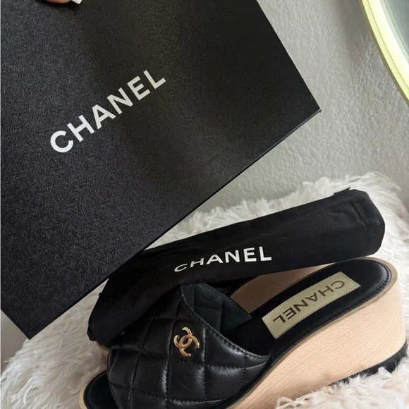CHANEL Black and Tan Quilted Mules